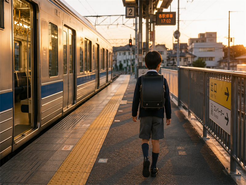 夕方に電車で帰宅するランドセル姿の小学生