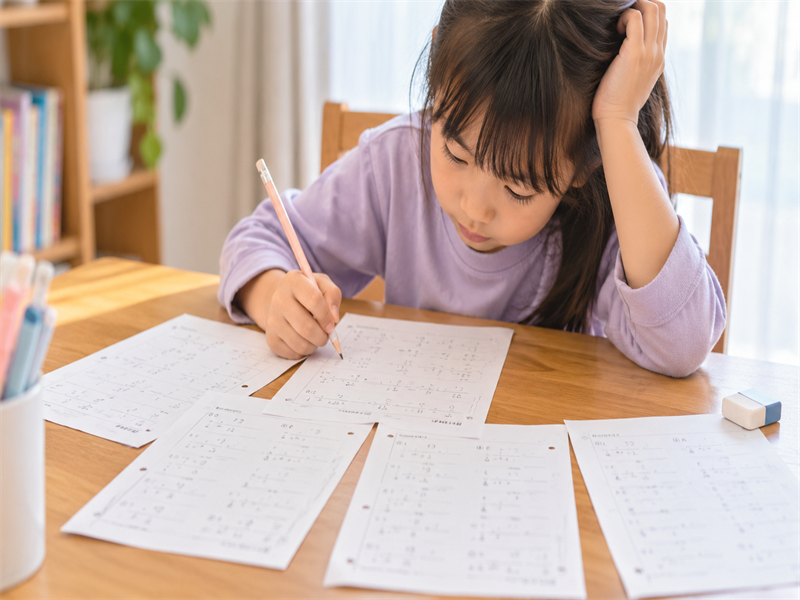 算数の宿題プリントに取り組む小学生